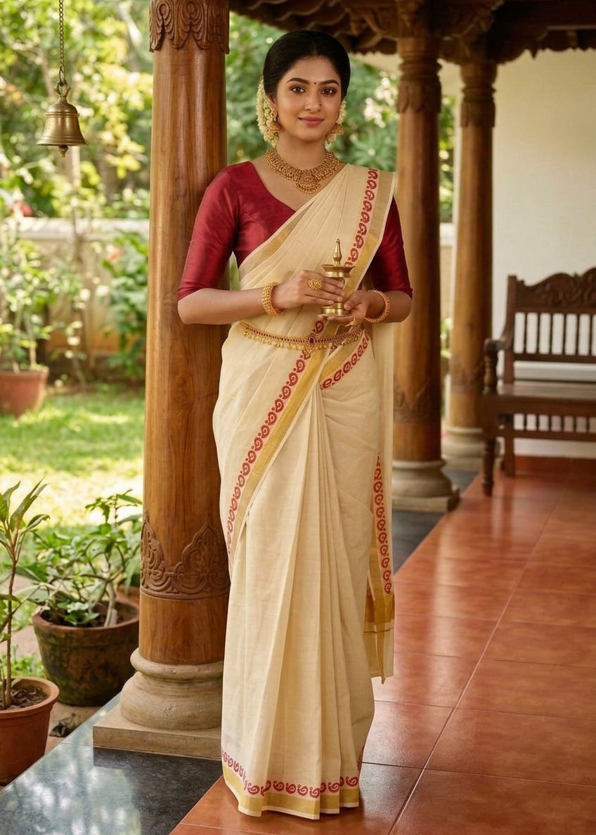 Southloom Kerala Kasavu Cotton Saree with Golden Zari and Red Print