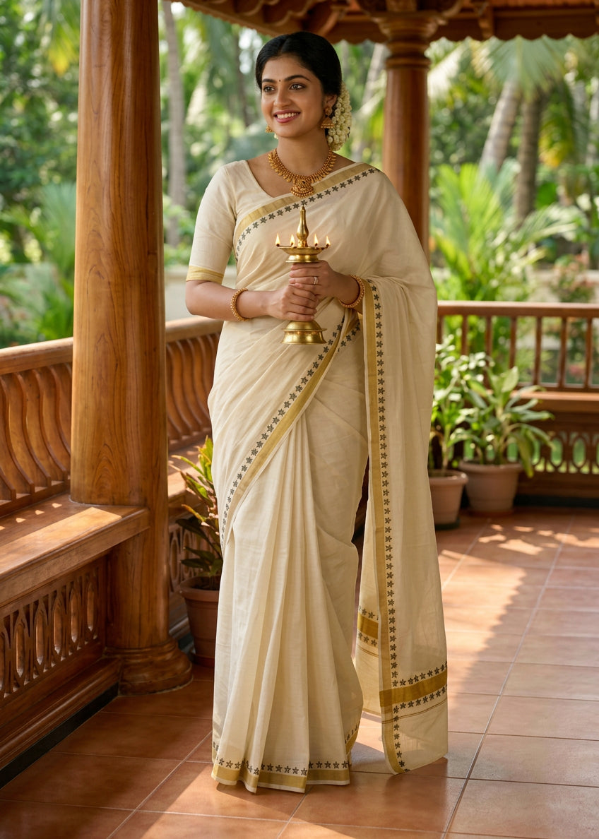 Southloom Kerala Kasavu Saree With Black Print
