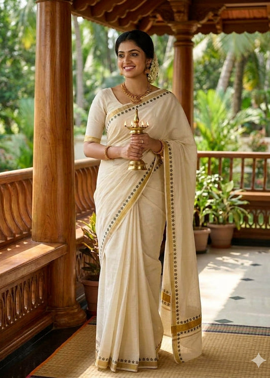 Southloom Kerala Kasavu Saree With Black Print