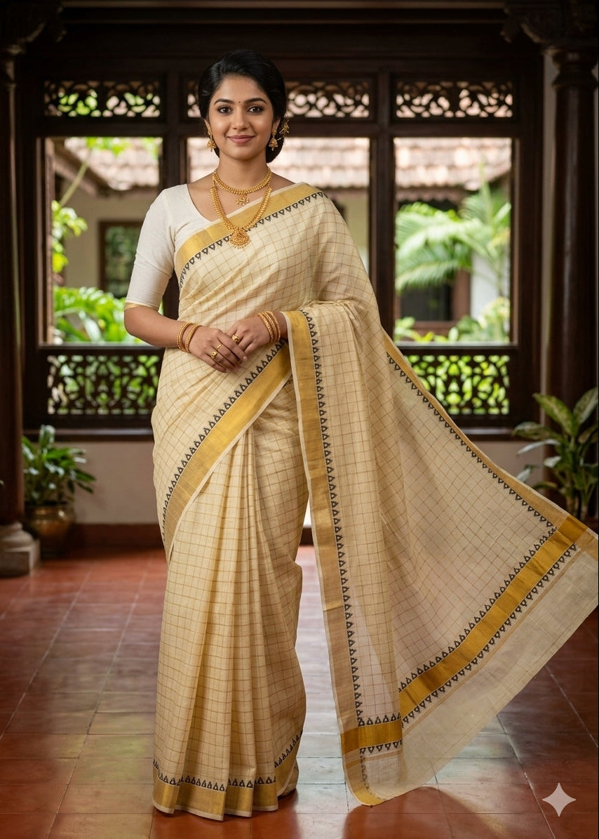 Southloom Kerala Kasavu Cotton Check Saree With Black Print