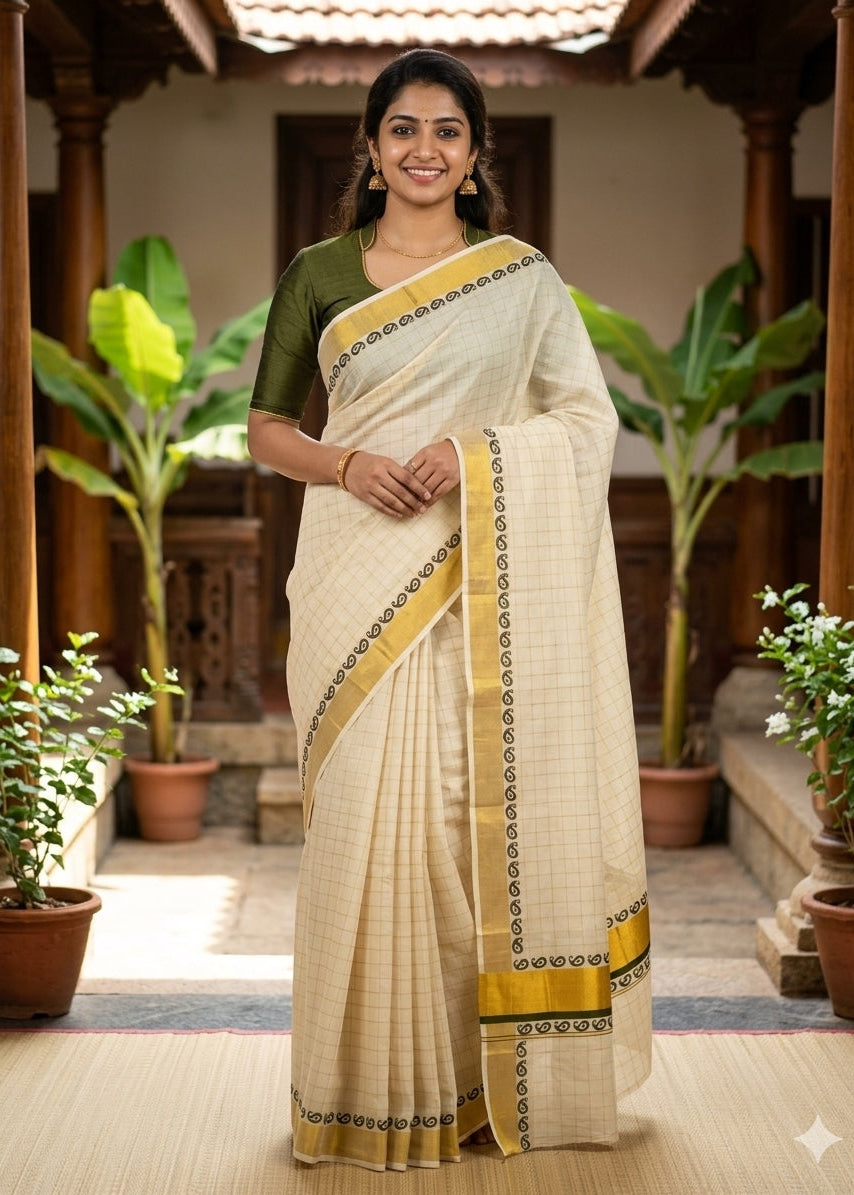 Southloom Kerala Kasavu Cotton Check Saree With Dark Green