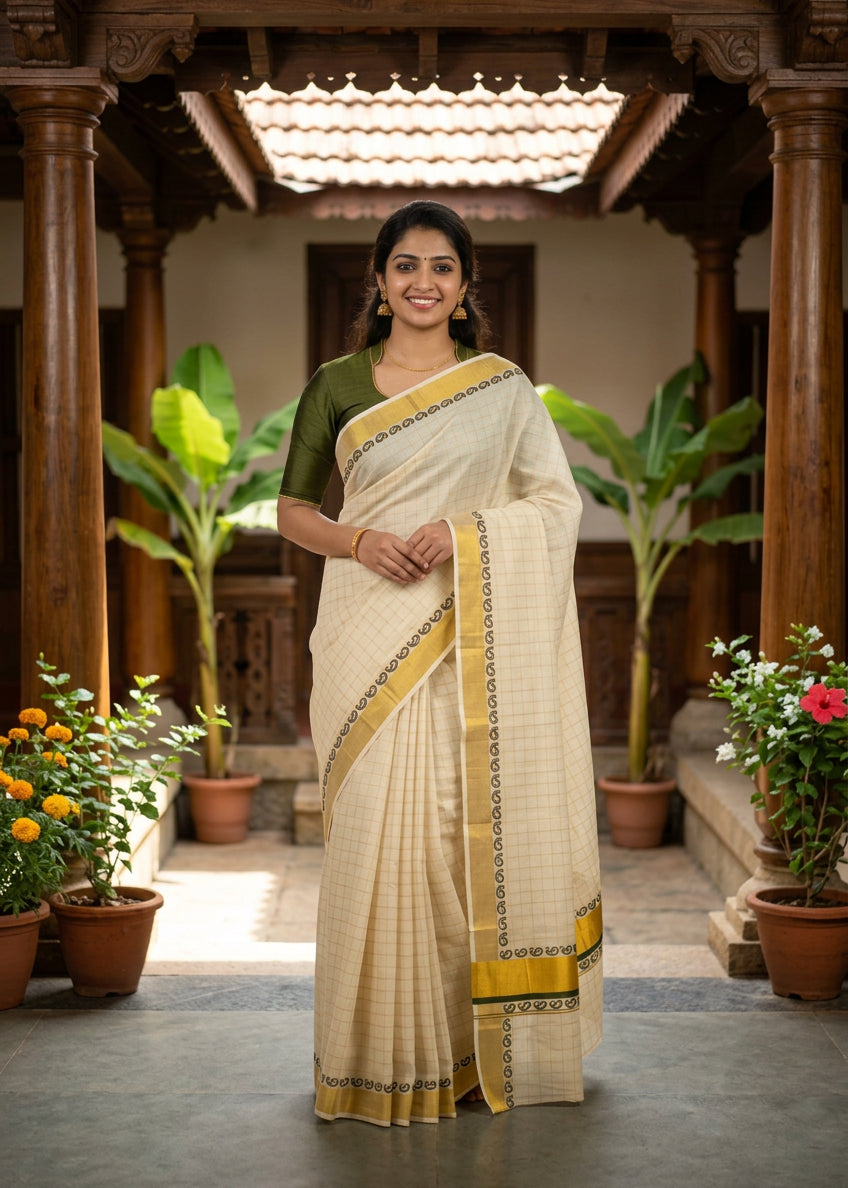 Southloom Kerala Kasavu Cotton Check Saree With Dark Green