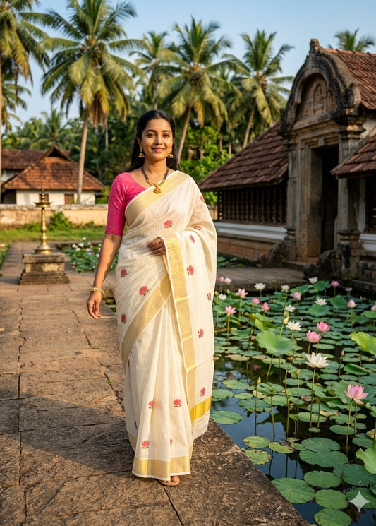 Kerala Cotton Kasavu Line Saree With Pink Lotus Embroidery SL172