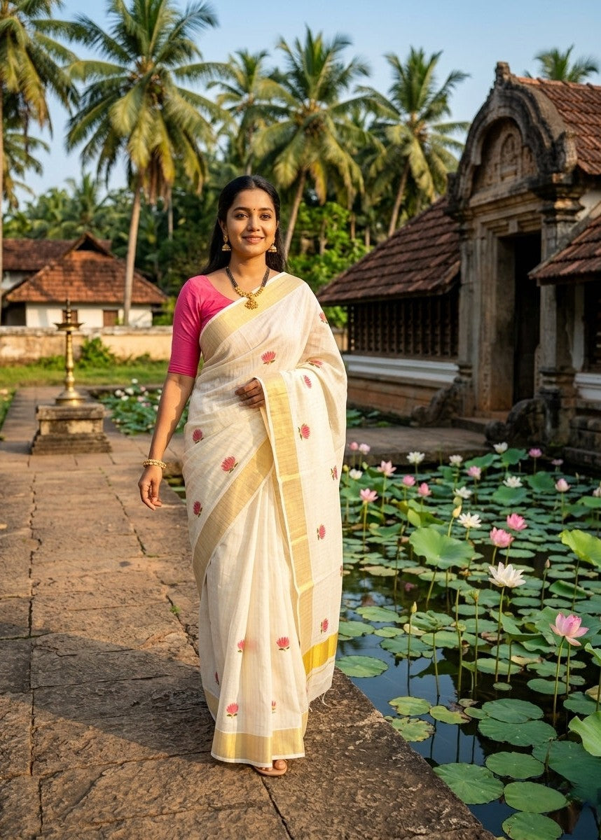 Kerala Cotton Kasavu Line Saree With Pink Lotus Embroidery SL172