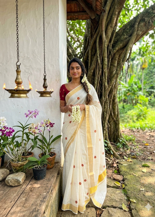 Kerala Cotton Lines Saree With Red Floral Embroidery SLfloral