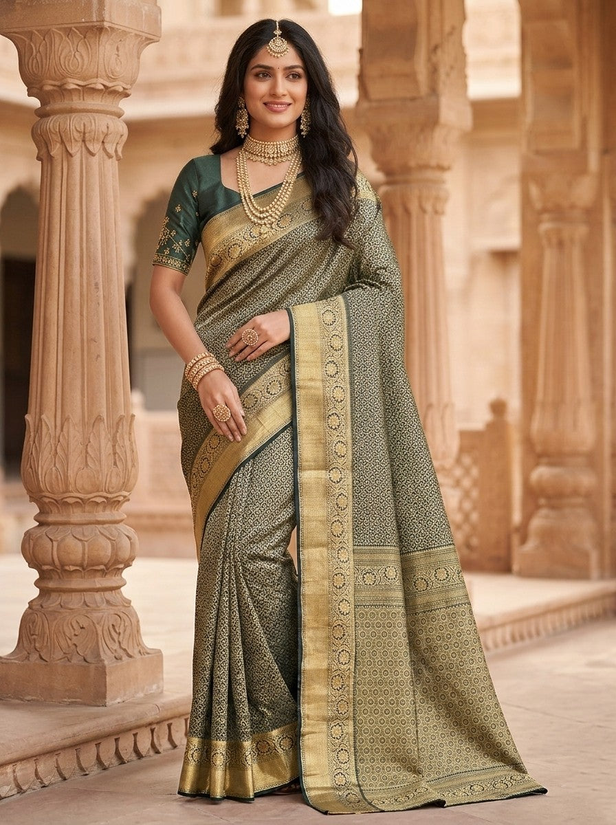 Southloom Double Warp Handloom Pure Silk Kanchipuram Dark Green Manthrakodi Saree with Kasavu Woven Works