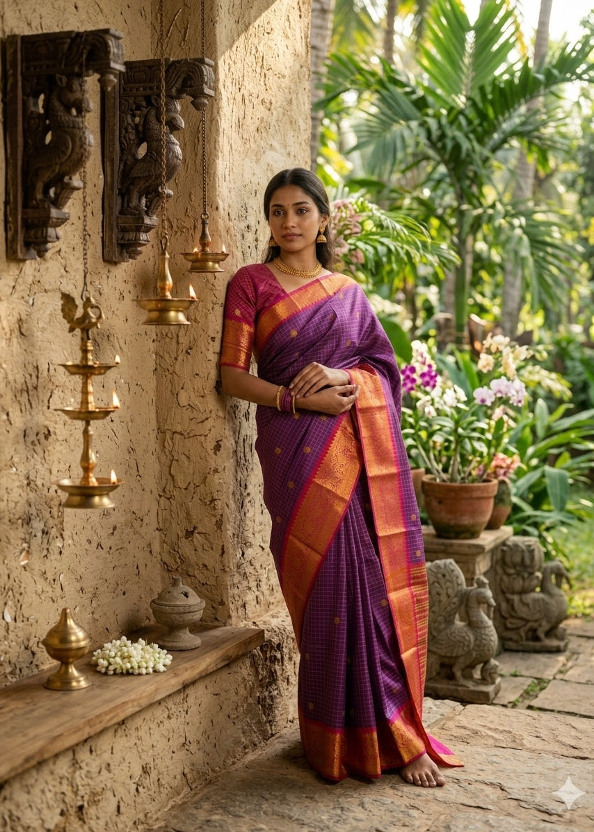 Purple & Pink  Colour Semi Silk Saree With Check Design SL63