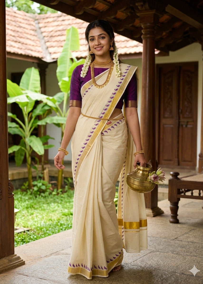 Southloom Cotton Kerala Saree with Golden Zari and Purple