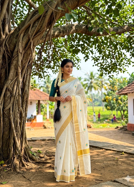 Kerala Cotton Lines Saree With Turquoise Polka SL162