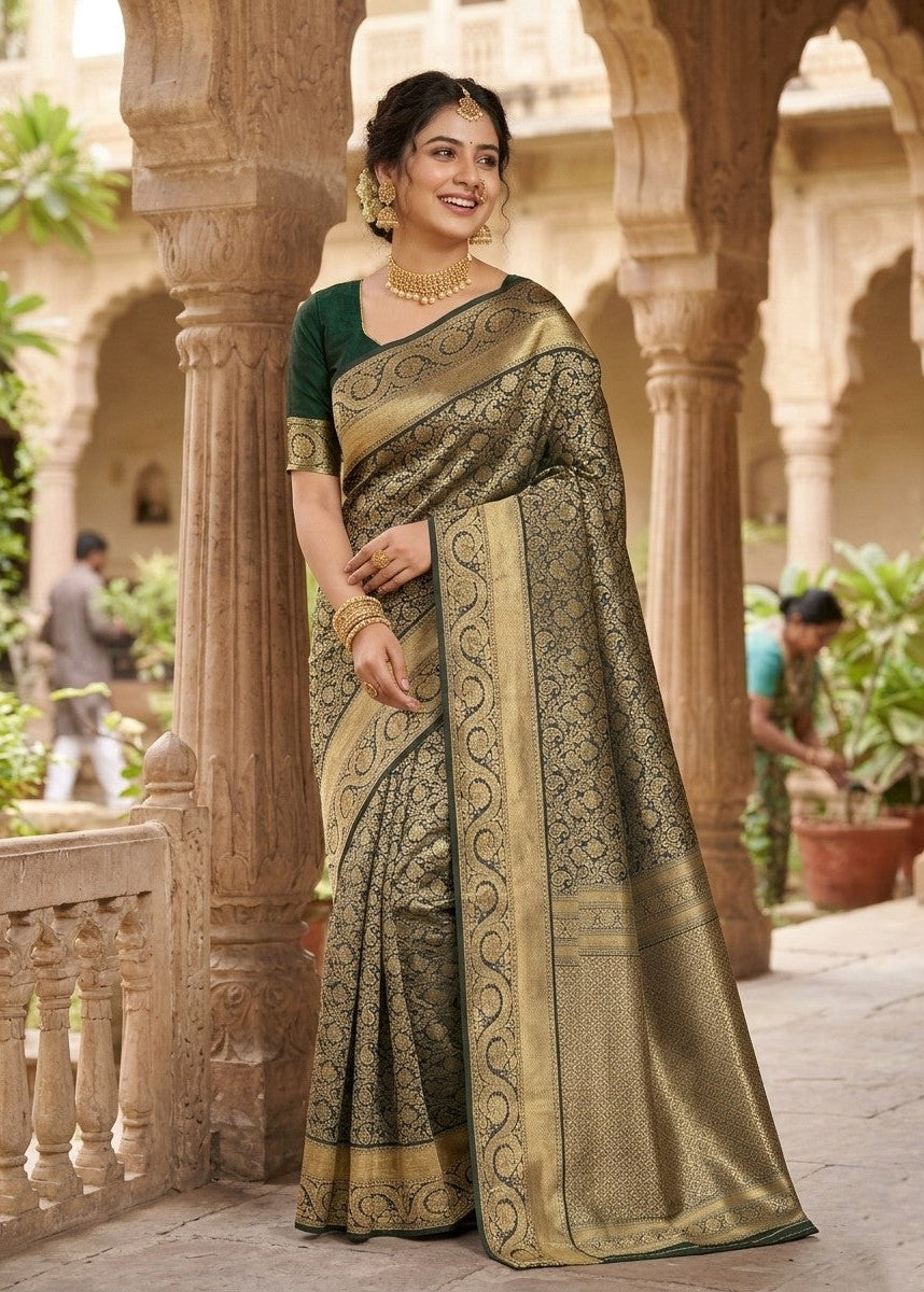 Southloom Double Warp Handloom Pure Silk Kanchipuram Dark Green Manthrakodi Saree with Kasavu Woven Works