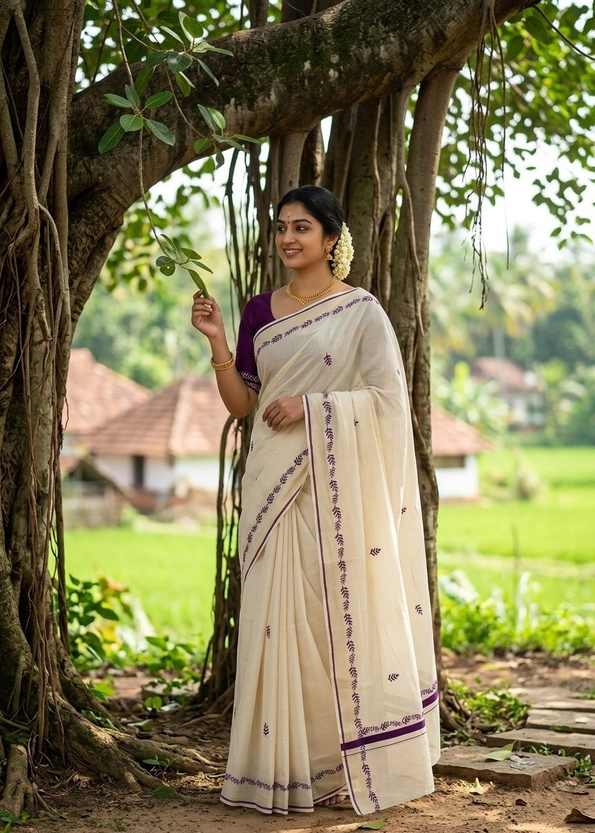 Southloom Cotton Kerala Saree With Purple Prints On Border SL501