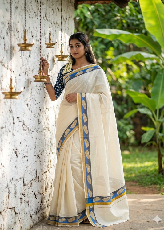 Kerala Cotton Plain Printed Saree SL168