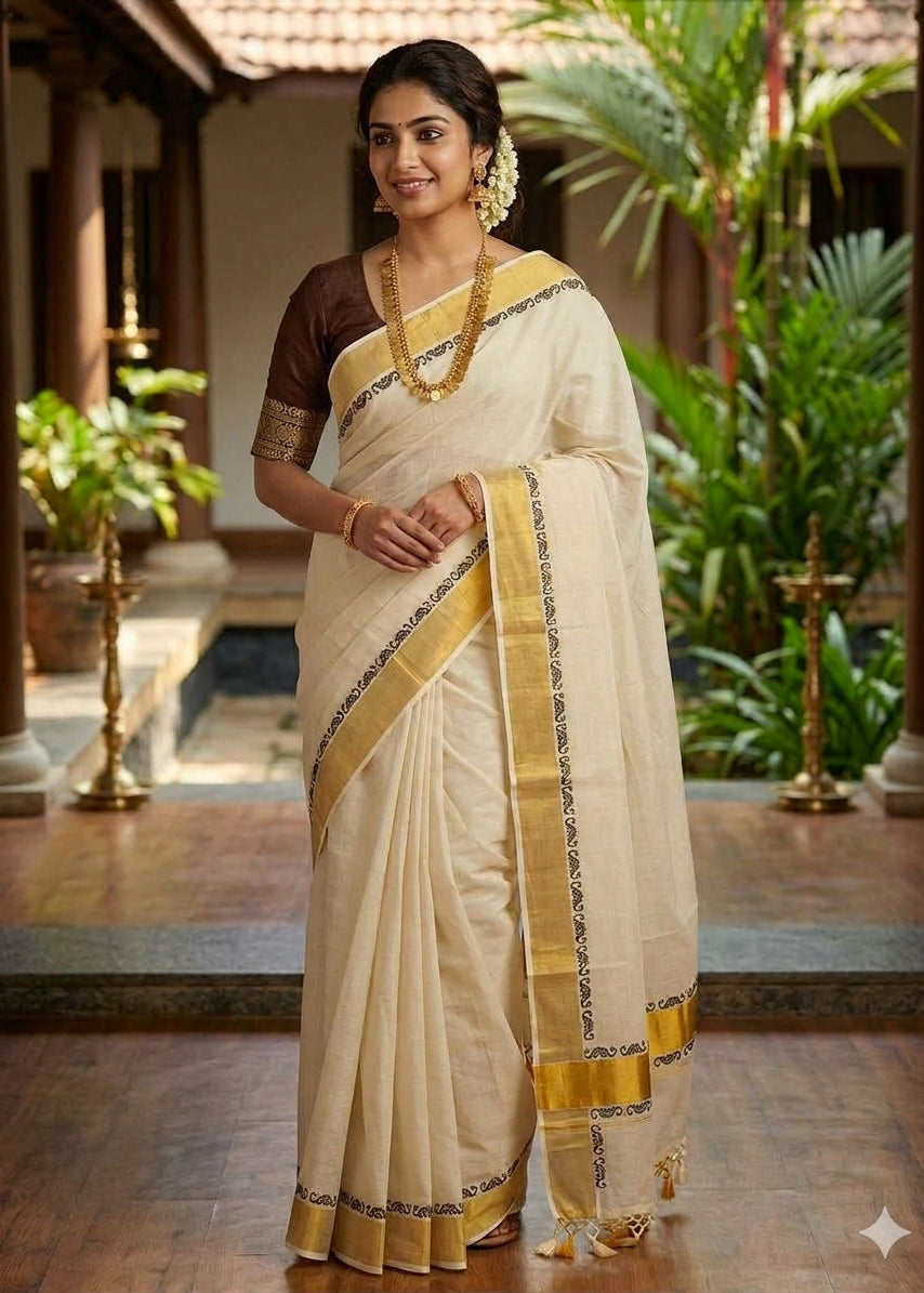 Southloom Kerala Kasavu Cotton Saree with Broad Golden Zari & Brown Print