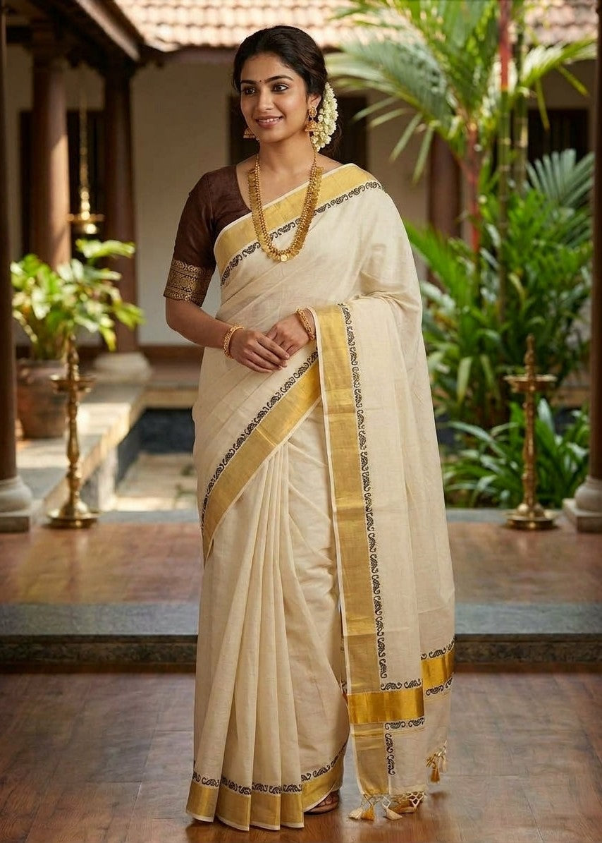 Southloom Kerala Kasavu Cotton Saree with Broad Golden Zari & Brown Print