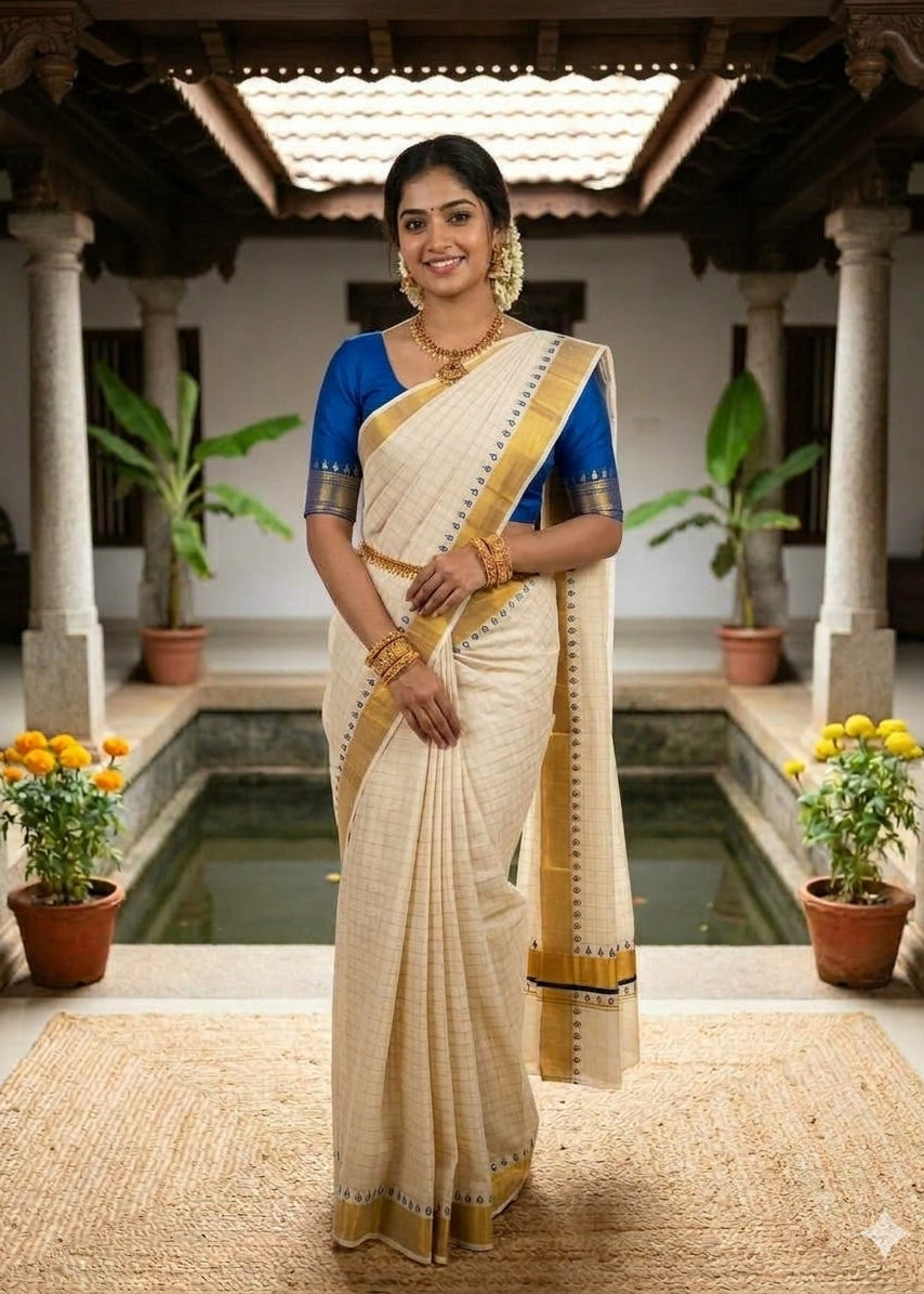 Southloom Kerala Cotton Kasavu Saree With Check Design On Body And Blue Prints On Borders
