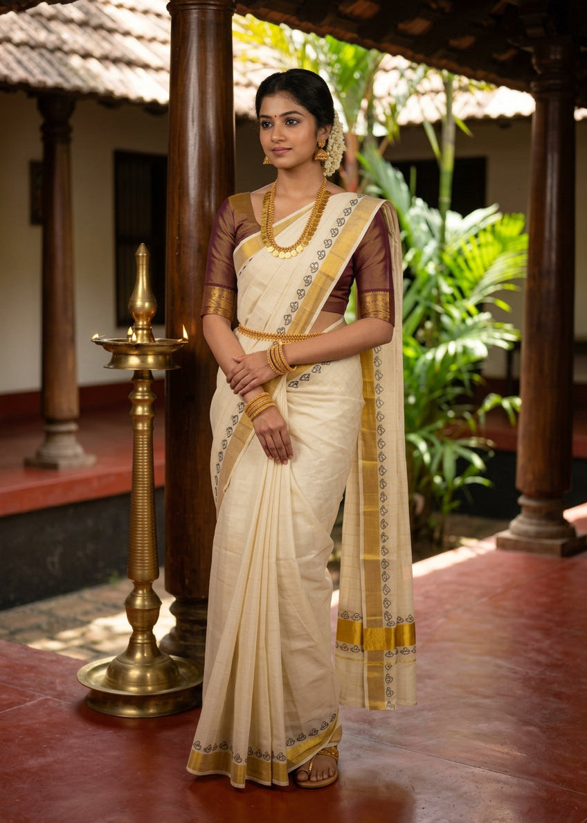 Southloom Kerala Cotton Saree With Check Design On Body And Black Printed Design On Borders