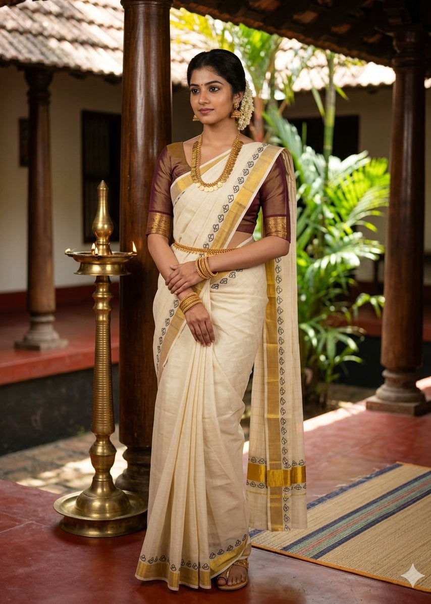 Southloom Checked Kerala Cotton Saree With Black Print