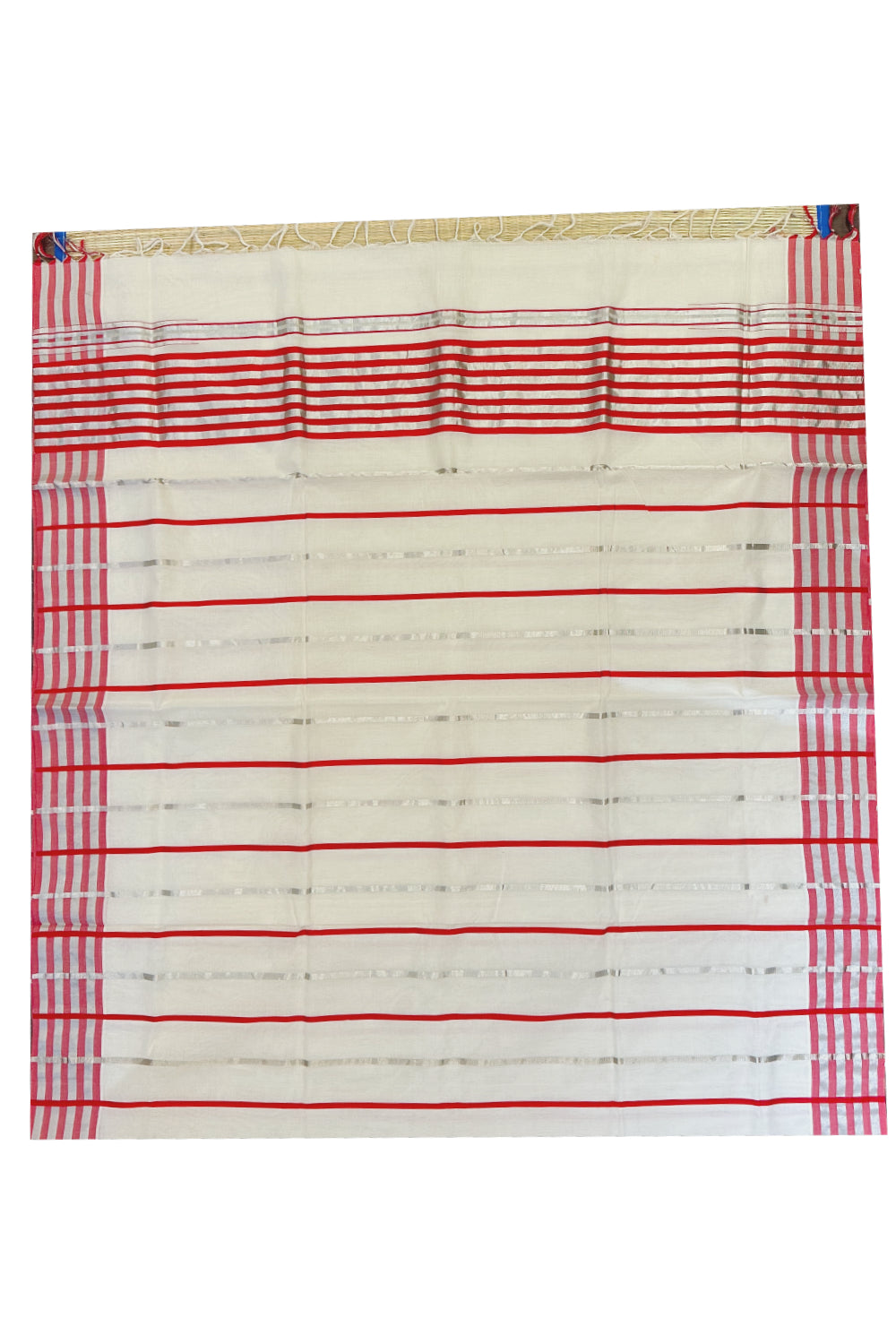 Southloom Premium Handloom Saree with Silver Kasvau and Red Lines Across Body and Lines Design Pallu