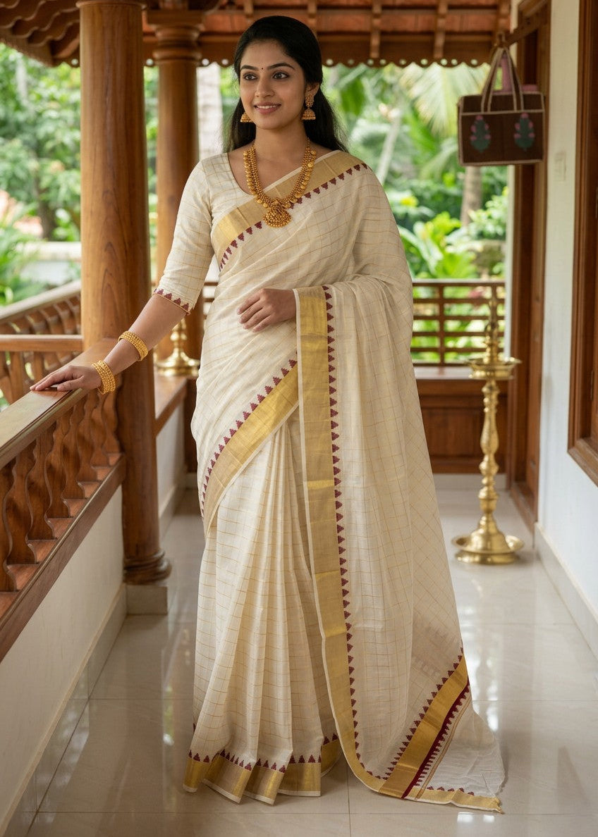 Southloom Kerala Kasavu Cotton Saree With Maroon  Border And Golden Checks