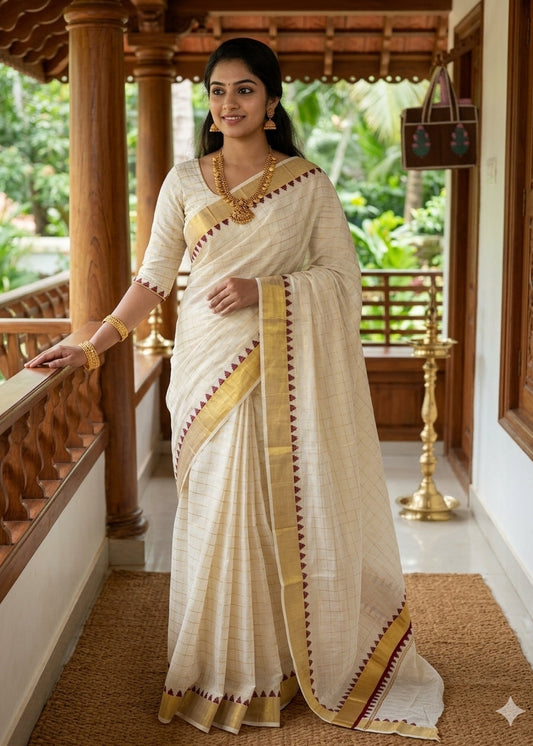 Southloom Kerala Kasavu Cotton Saree With Maroon  Border And Golden Checks