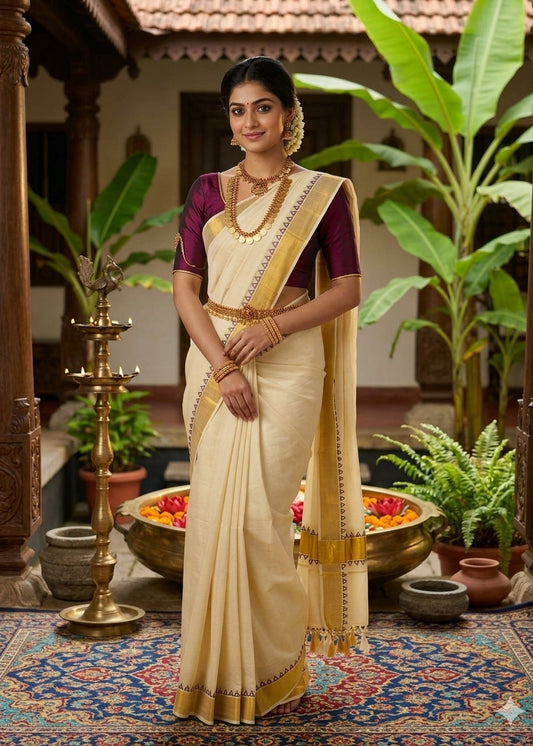 Southloom Cotton Kerala Kasavu Saree With Purple Print