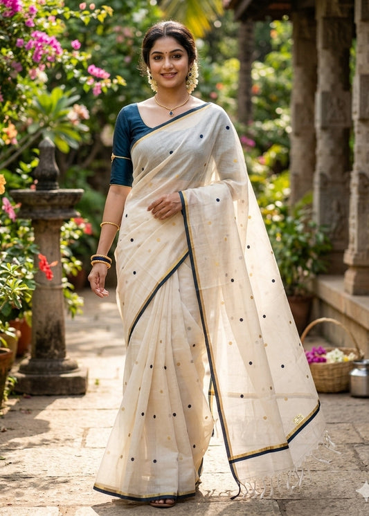 Southloom Kerala Cotton Handloom Saree With Green And Gold Polka Dot On The Body SL629