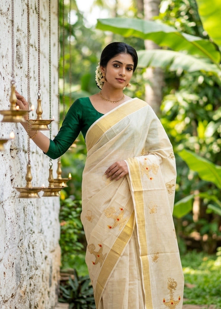 Kerala Plain Tissue Mayil Vilakku Kasavu Saree SL222