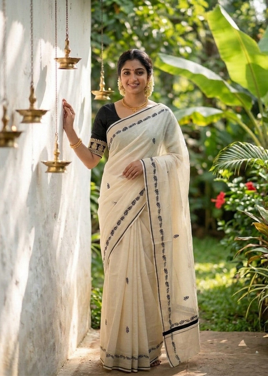 Southloom Cotton Kerala Saree With Black Prints On Border SL501