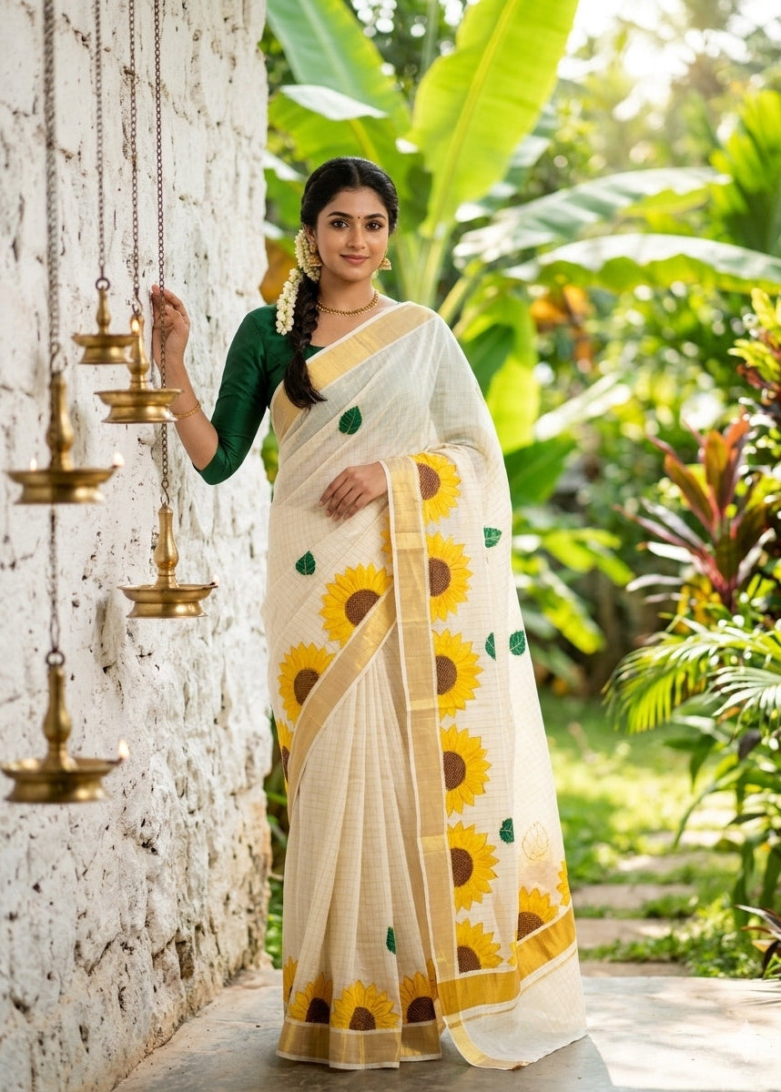 Kerala Cotton Saree With Sun Flower Print SLfloral