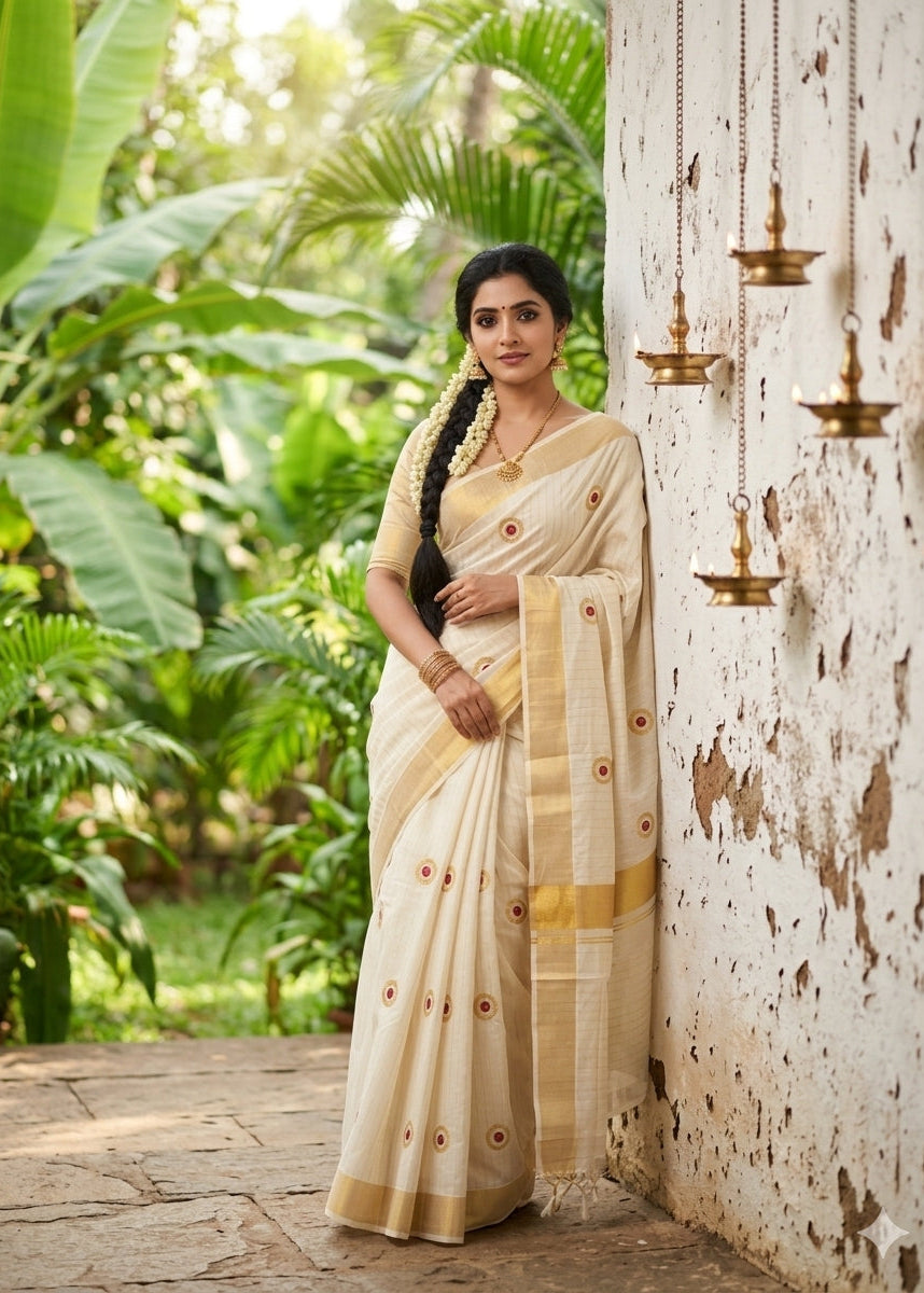 Kerala Cotton Lines Saree With Maroon Polka SL162