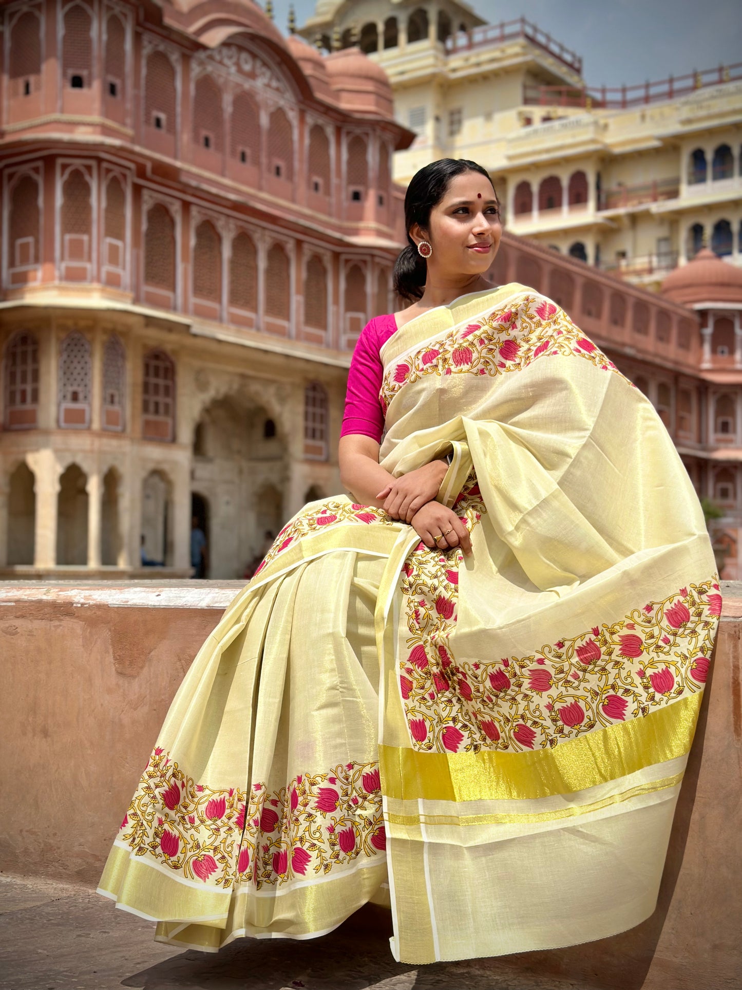 Southloom Jaipur Artisans & Kerala Weavers Collab Tissue Kasavu Saree