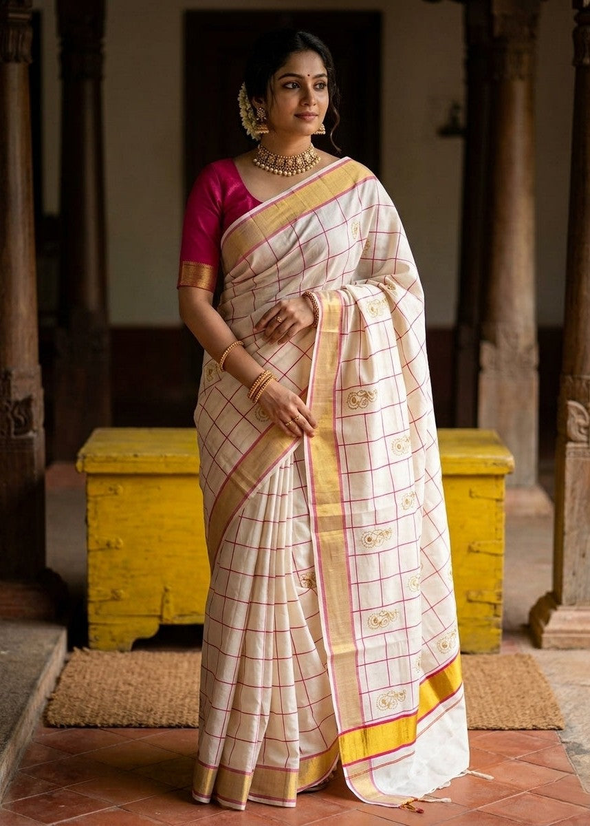 Kerala Cotton Pink Saree with Embroidery Work SL197