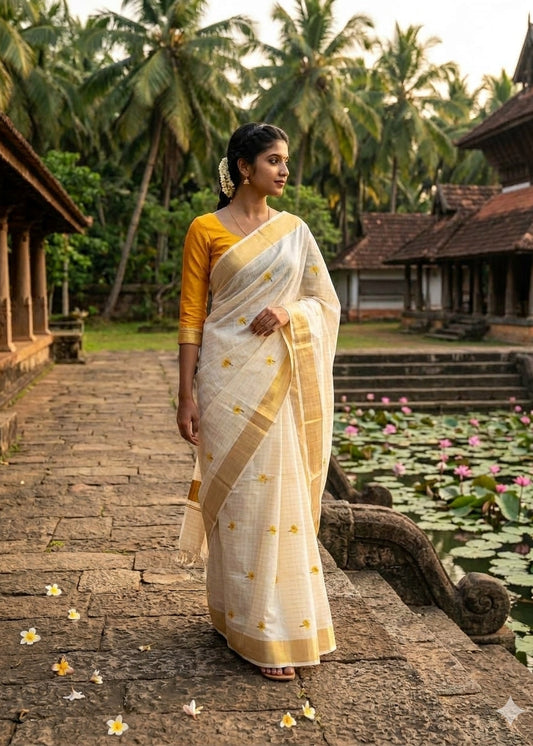 Kerala Cotton Lines Saree With Yellow Floral Embroidery SLfloral