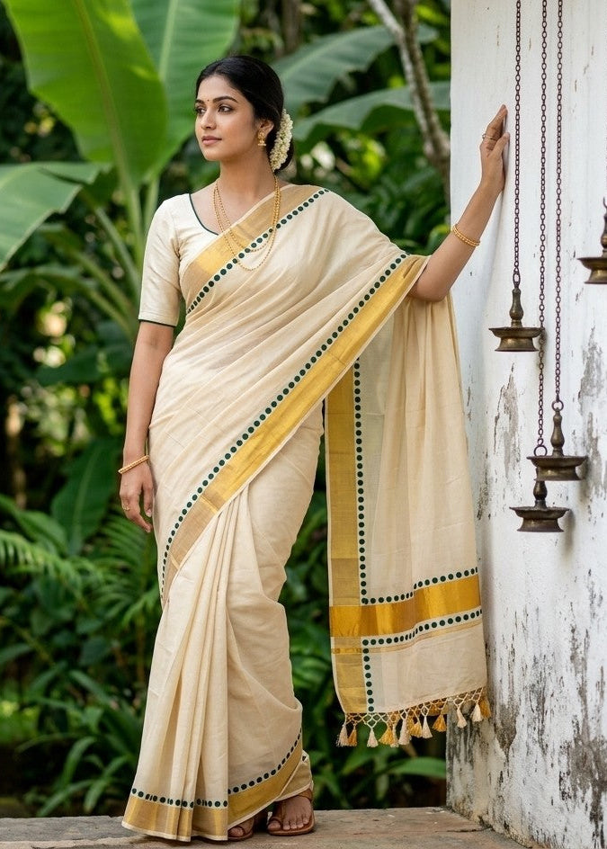 Southloom Kerala Kasavu Saree With Golden Kasavu And Dark Green Polka Dot Borders