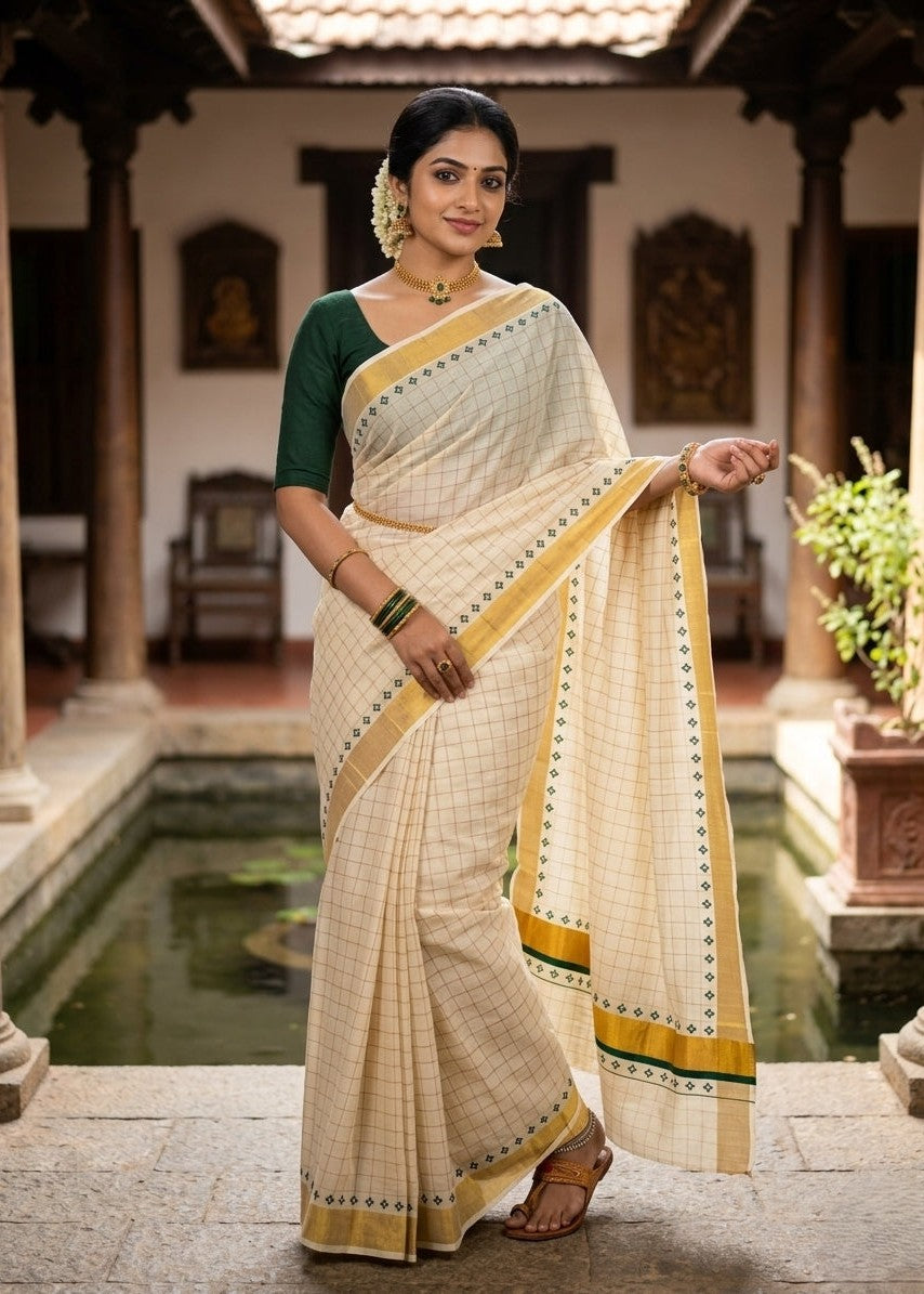 Southloom Kerala Kasavu Cotton Saree With Green Border And Green Print