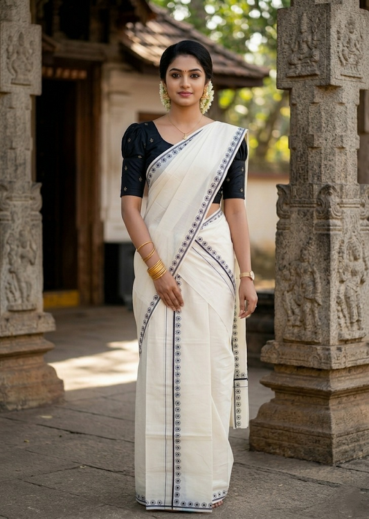 Southloom Pure Cotton Kerala Single Set Mundu (Mundum Neriyathum) with Digital Prints in Black 2.80 Mtrs SL359