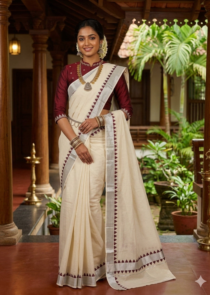 Southloom Kerala Cotton Saree With Silver Zari Boder With Purple Temple Design