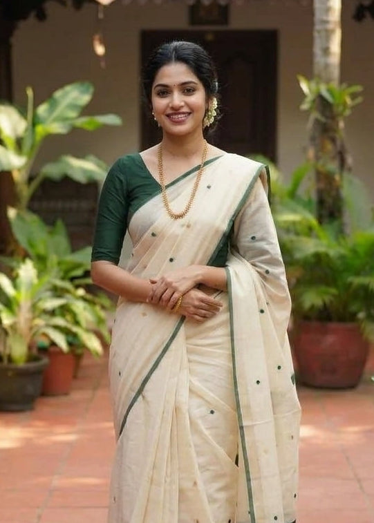 Southloom Kerala Cotton Handloom Saree With Green And Gold Polka Dot On The Body SL629