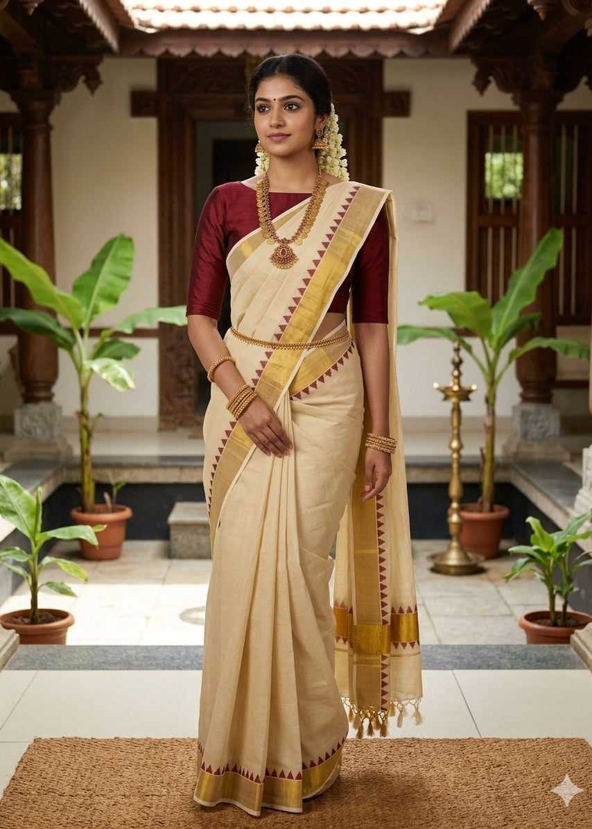 Southloom  Kerala Cotton  Kasavu Saree With Maroon Temple Border And Tassels