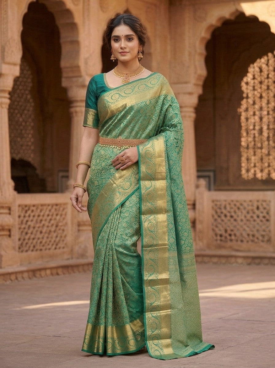 Southloom Double Warp Handloom Pure Silk Kanchipuram Green Manthrakodi Saree with Kasavu Woven Works