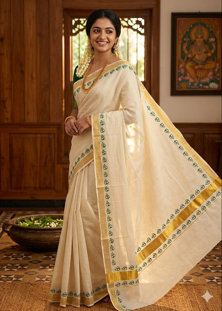 Kerala Cotton Saree With Green Colour Printed Border