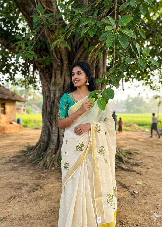 Kerala Tissue Saree With Green Embroidery SL208