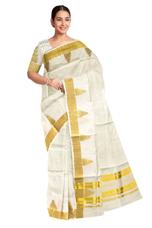 Southloom™ Premium Handloom Cotton Temple Woven Border Kasavu Saree with Stripes Work on Pallu