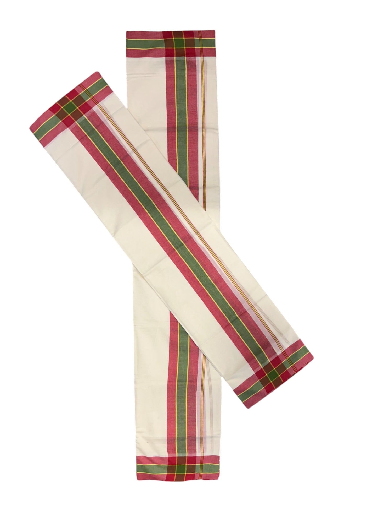 Pure Cotton Mundum Neriyathum Double (Set Mundu) with Green and Pink Border