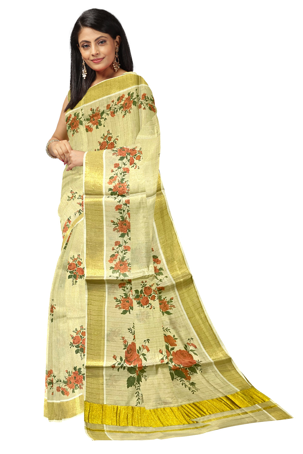 Kerala Tissue Kasavu Lines Design Saree with Floral Prints on Body