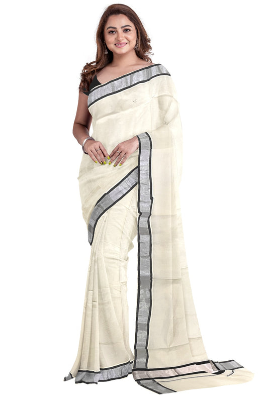 Kerala Pure Cotton Plain Saree with Silver Kasavu and Black Border