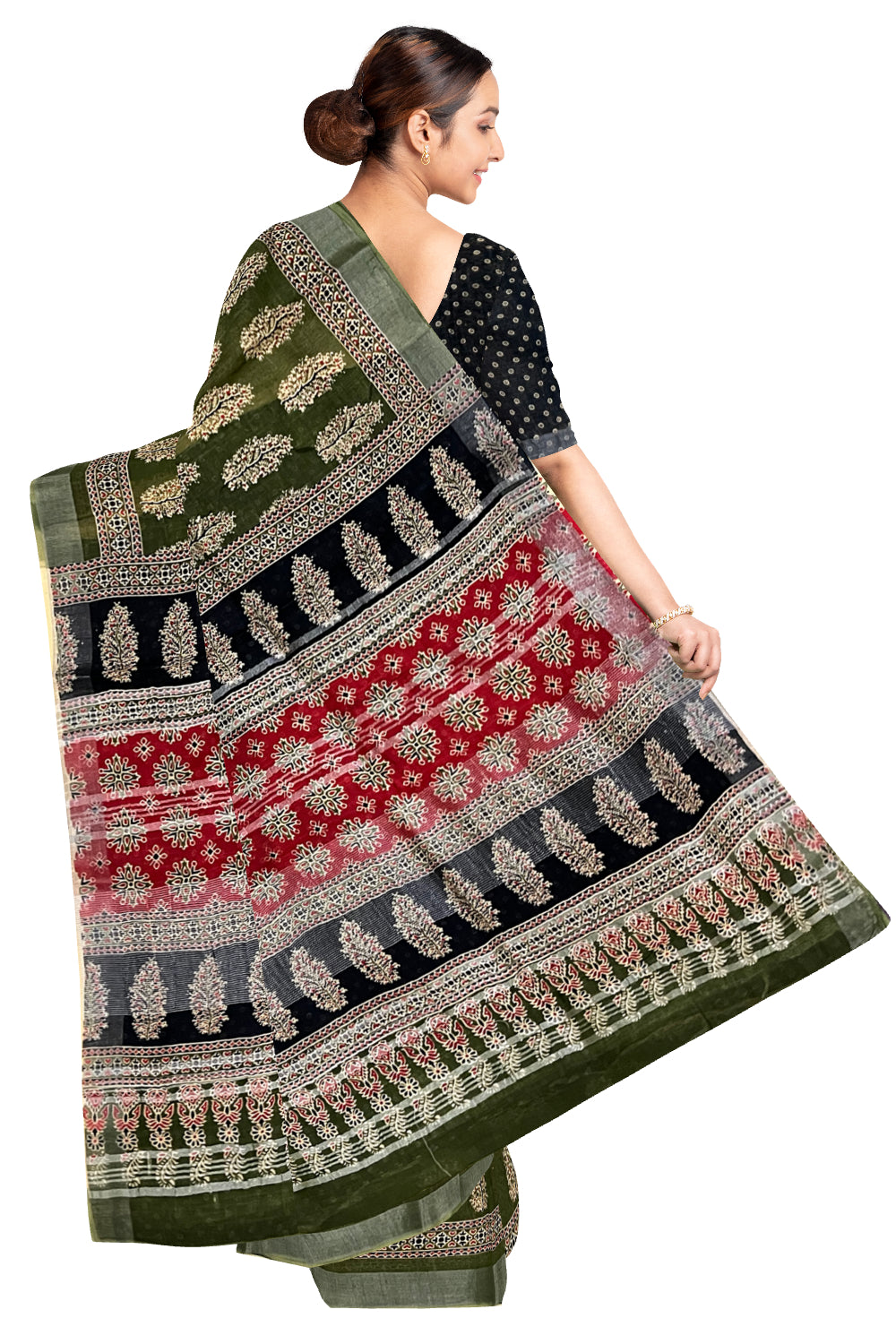 Southloom Linen Green Designer Saree with Floral Prints on Body