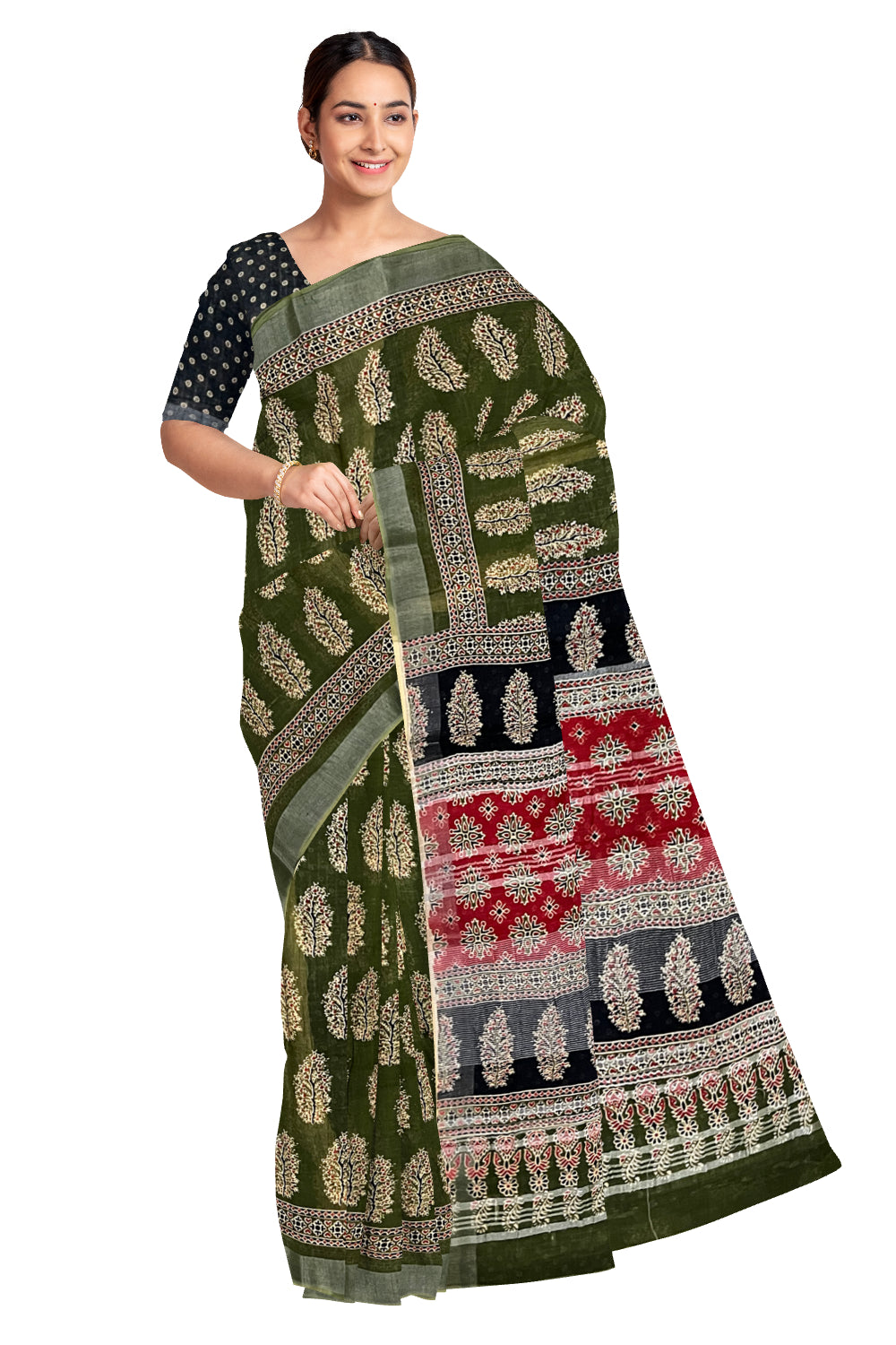 Southloom Linen Green Designer Saree with Floral Prints on Body