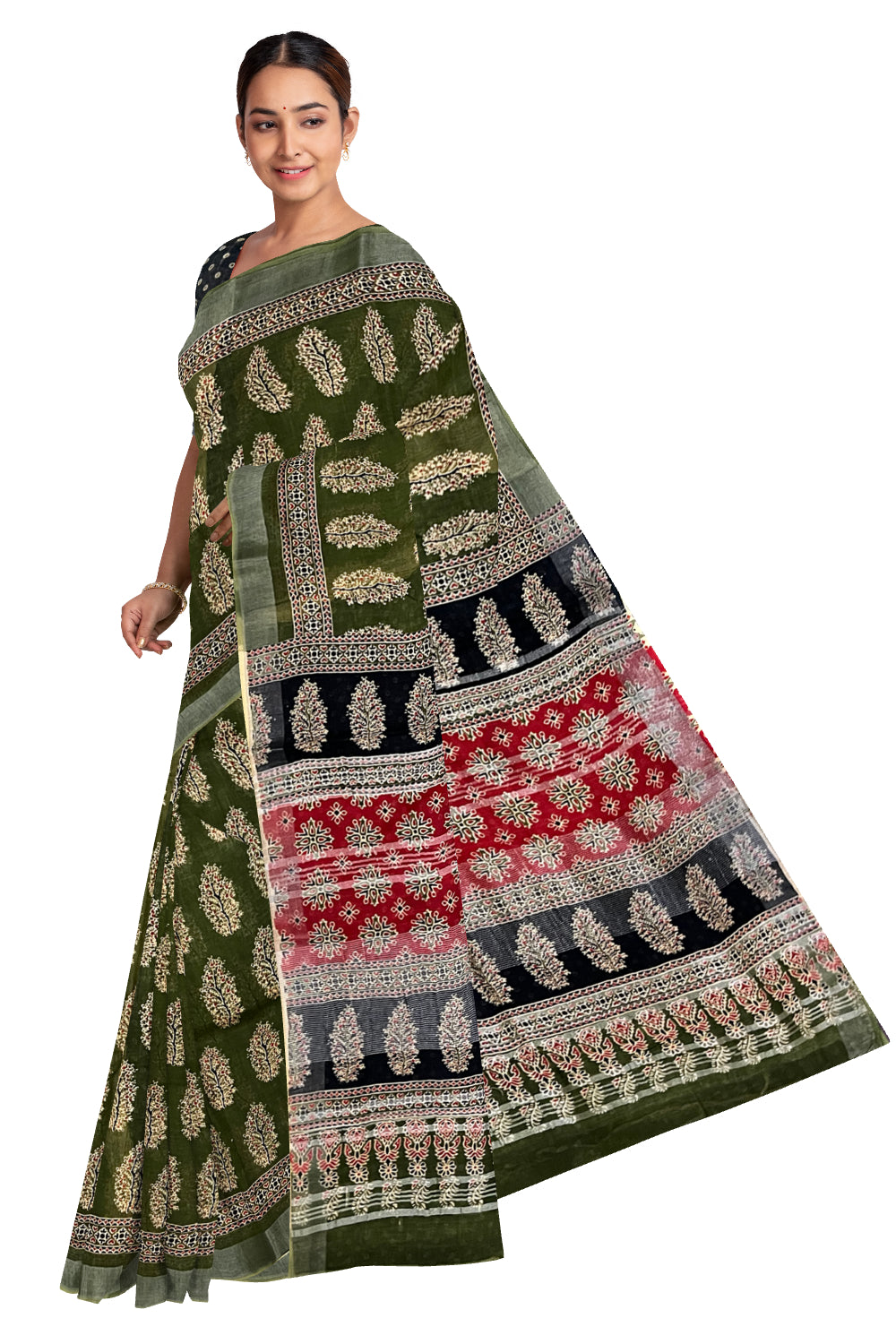 Southloom Linen Green Designer Saree with Floral Prints on Body