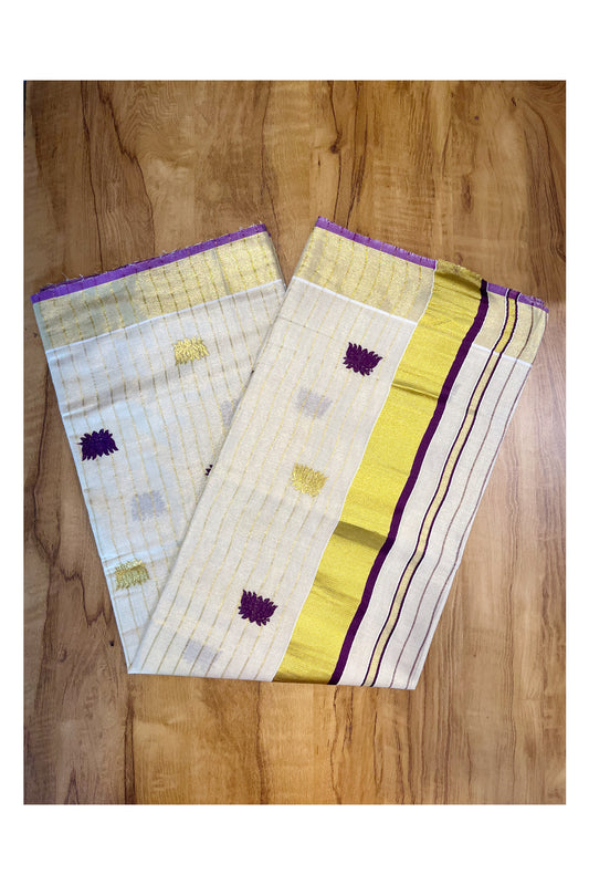 Kerala Tissue Kasavu Lines Saree with Violet And Golden Lotus Embroidery Works